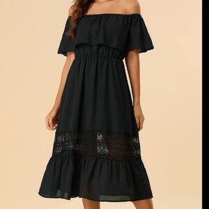 ✨ Elegant Off-Shoulder Lace Trim Dress ✨